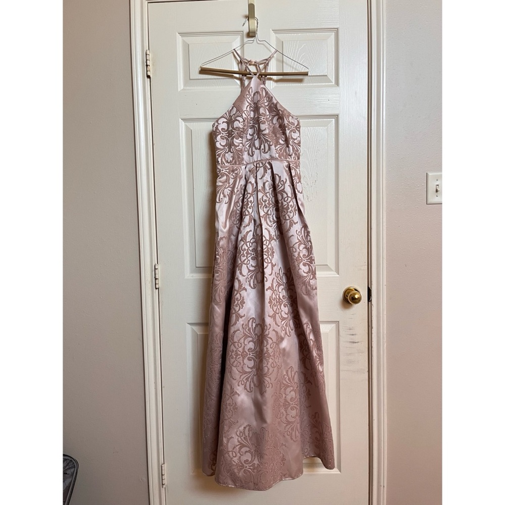 Prom halter neck rosegold dress with pockets